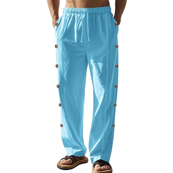 TANBOM Men's Wide-Leg Straight Casual Pants Drawstring Side Buttons Blue 1-Pack L