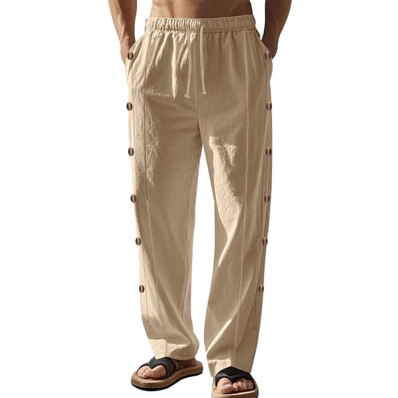 TANBOM Men's Wide-Leg Straight Casual Pants Drawstring Side Buttons Khaki 1-Pack XL