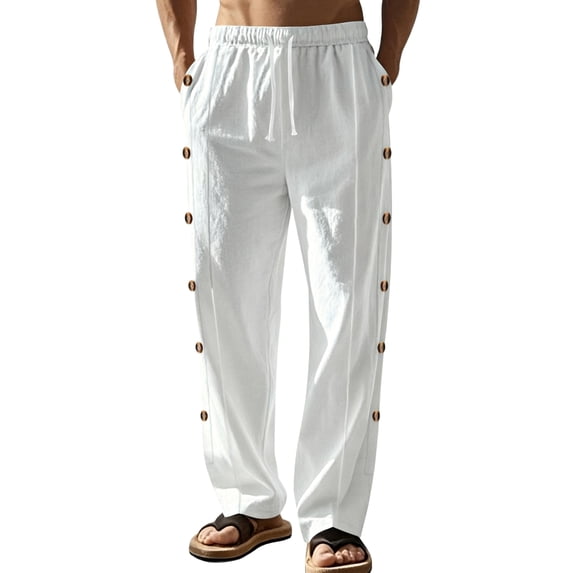 TANBOM Men's Wide-Leg Straight Casual Pants Drawstring Side Buttons White 1-Pack 2XL