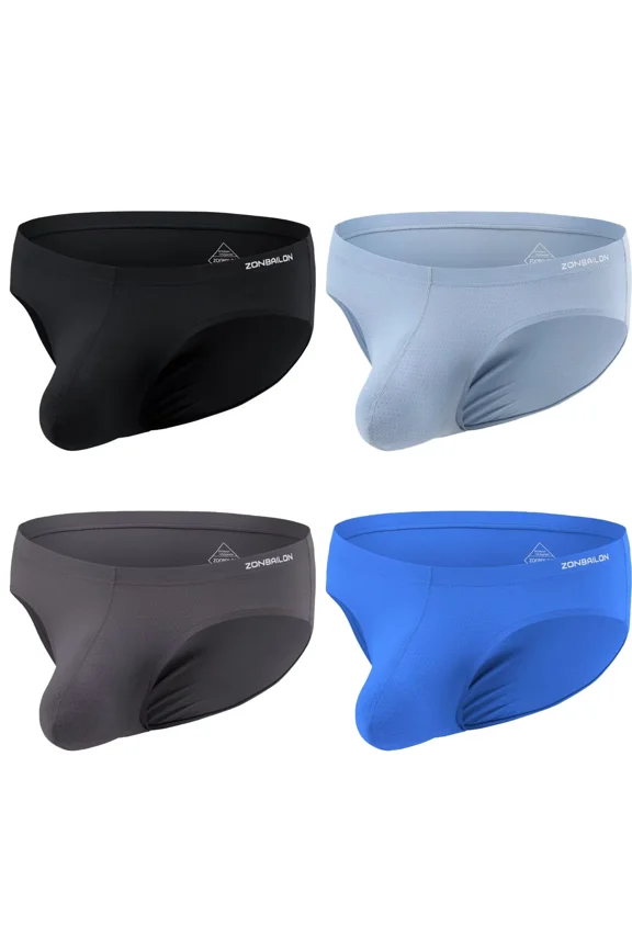 Men's Bulge Enhancing Briefs Mesh Nylon Underwear Black/Dark Gray/Blue/Gray L 4-Pack