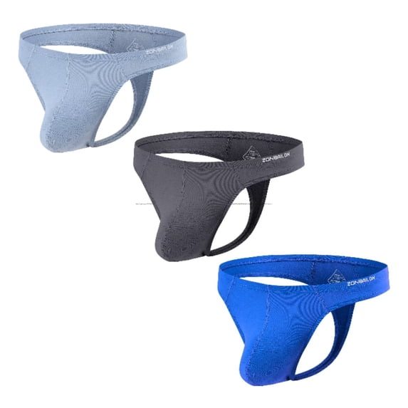 TANBOM Men's Bulge Pouch Breathable Lightweight Thong, Light Gray/Dark Gray/Blue, 3-Pack, L