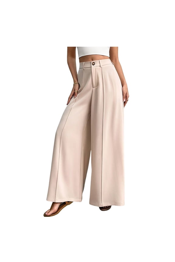 Solid Big Bell Bottom Pants Resort Seaside Wide Leg Pants Slack Culottes Suit Pants Long Pants Women Apricot M