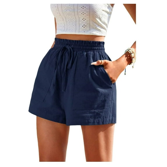 TANBOM Spring And Summer Cotton And Linen Drawstring High Waist Women'S Wide Leg Loose Casual Comfortable Shorts Women Blue 2XL