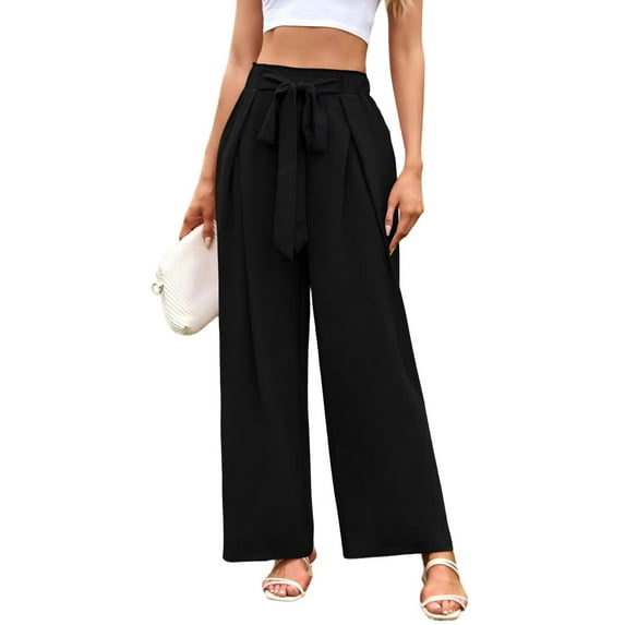 TANBOM Women's High Waist Wide-Leg Long Loose Casual Flowy Pants with Pockets Black S