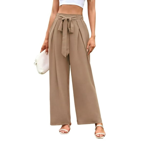 TANBOM Women's High Waist Wide-Leg Long Loose Casual Flowy Pants with Pockets Khaki M