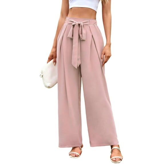 TANBOM Women's High Waist Wide-Leg Long Loose Casual Flowy Pants with Pockets Pink L