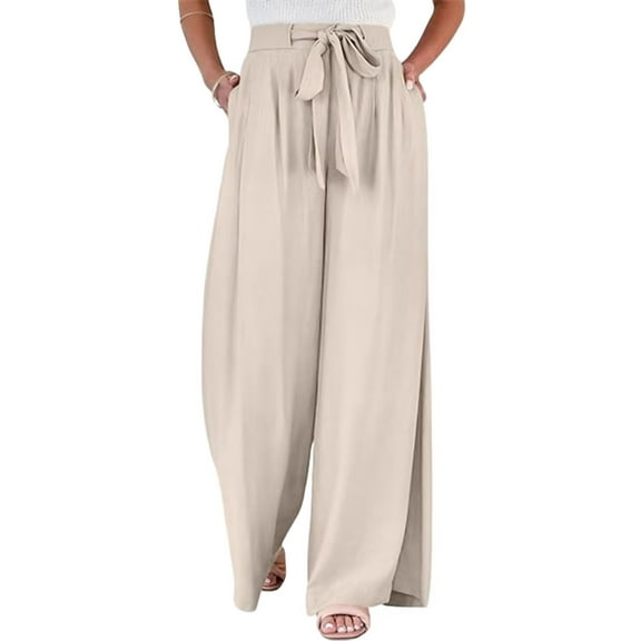 TANBOM Women's Summer Elasticated Slouchy Wide Leg Pants with Pockets Apricot XL