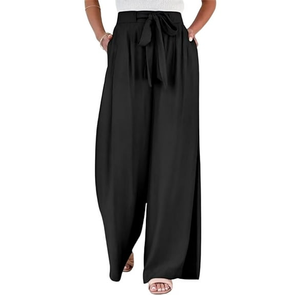 TANBOM Women's Summer Elasticated Slouchy Wide Leg Pants with Pockets Black M
