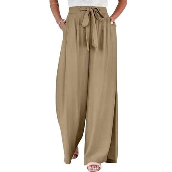 TANBOM Women's Summer Elasticated Slouchy Wide Leg Pants with Pockets Khaki S