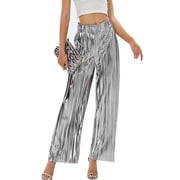 TANBOM Party Shiny Pleated Wide Leg High Waist Silver Womens Pants Womens XXL