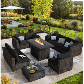 TANGJEAMER 10 Piece Patio Furniture Set with Fire Pit Table, All Weather Outdoor Sectional PE Rattan, Patio Conversation Sets with Cushions and Glass Coffee Table for Garden Lawn Balcony, Black