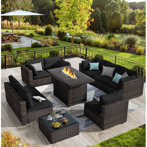 TANGJEAMER 10 Piece Patio Furniture Set with Fire Pit Table, All Weather Outdoor Sectional PE Rattan, Patio Conversation Sets with Cushions and Glass Coffee Table for Garden Lawn Balcony, Black