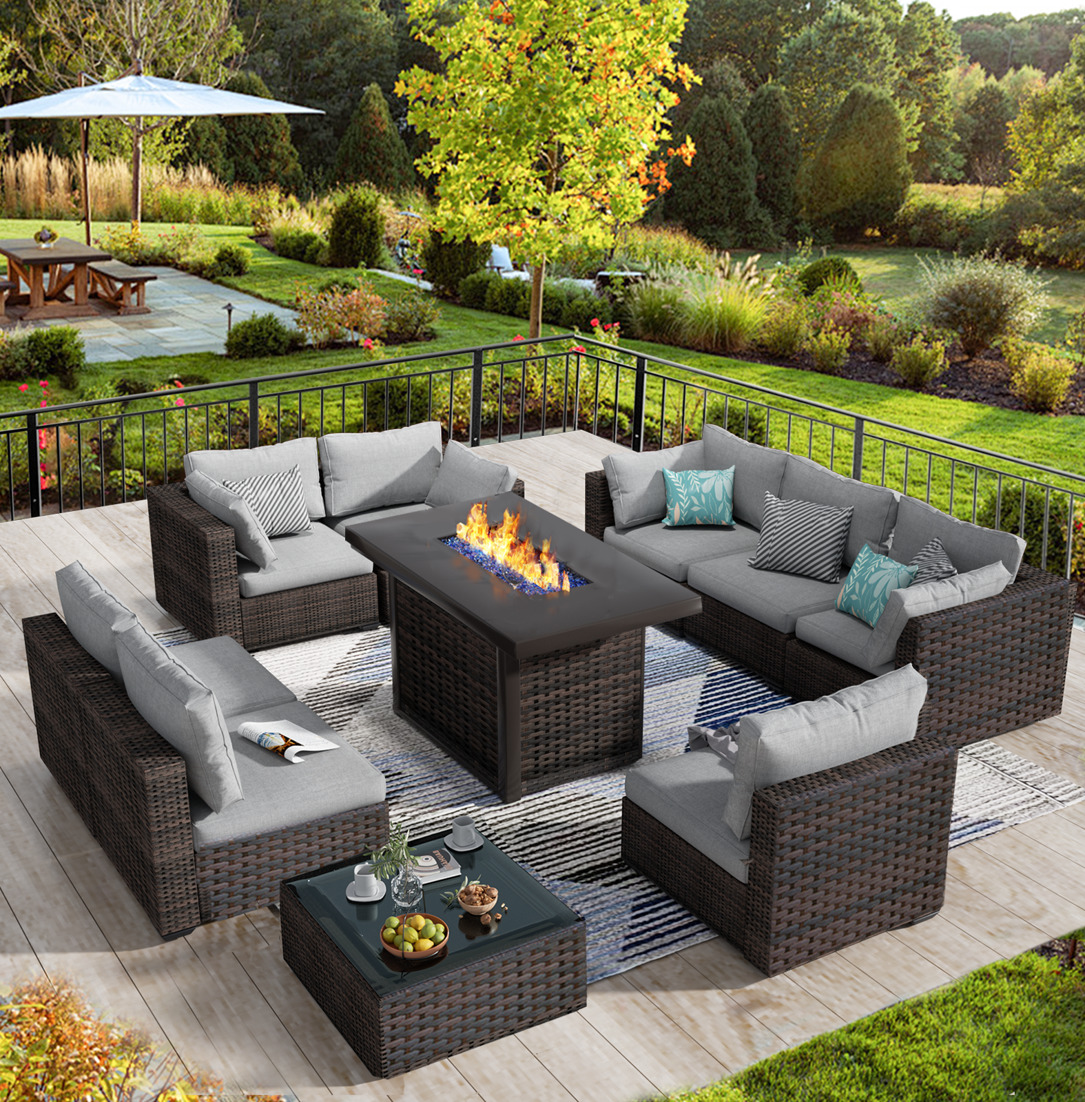 TANGJEAMER 10 Piece Patio Furniture Set with Fire Pit Table, All Weather Outdoor Sectional PE Rattan, Patio Conversation Sets with Cushions and Glass Coffee Table for Garden Lawn Balcony, Grey