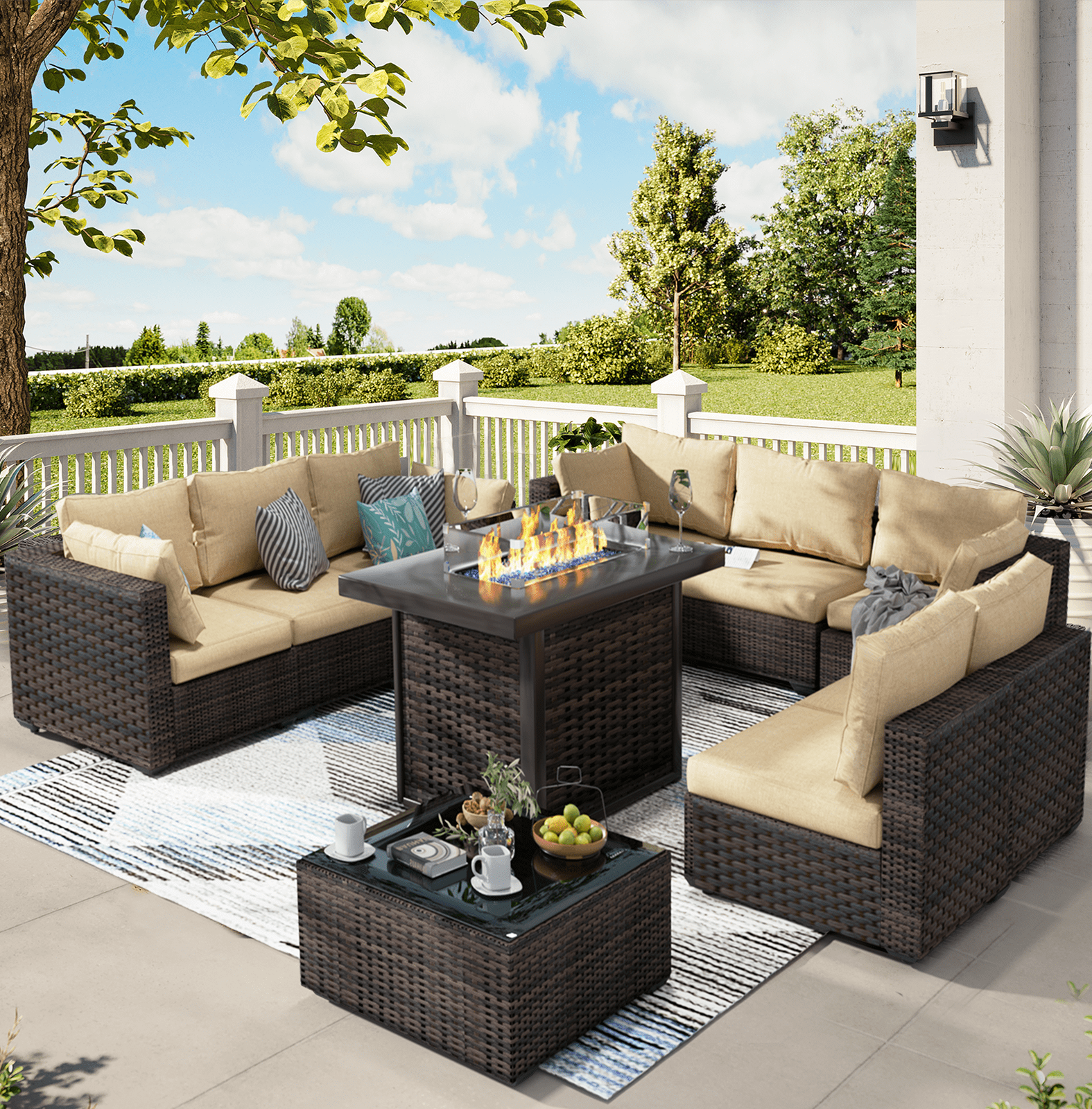 TANGJEAMER 10 Piece Patio Furniture Set with Fire Pit Table, All ...