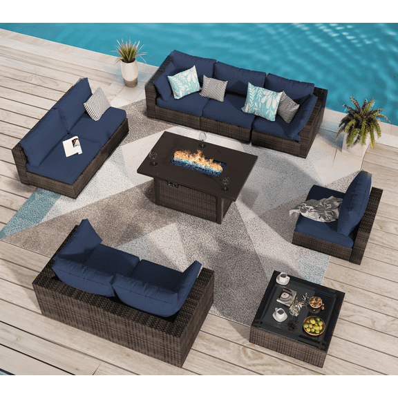 TANGJEAMER 10 Piece Patio Furniture Set with Fire Pit Table, All Weather Outdoor Sectional PE Rattan, Patio Conversation Sets with Cushions and Glass Coffee Table for Garden Lawn Balcony