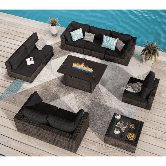 TANGJEAMER 10 Piece Patio Furniture Set with Fire Pit Table, All Weather Outdoor Sectional PE Rattan, Patio Conversation Sets with Cushions and Glass Coffee Table for Garden Lawn Balcony