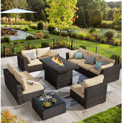 TANGJEAMER 10 Piece Patio Furniture Set with Fire Pit Table, All Weather Outdoor Sectional PE Rattan, Patio Conversation Sets with Cushions and Glass Coffee Table for Garden Lawn Balcony, Beige