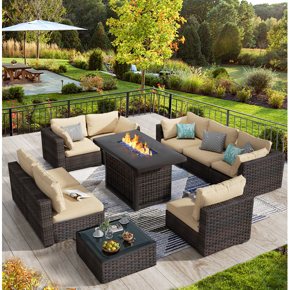 TANGJEAMER 10 Piece Patio Furniture Set with Fire Pit Table, All Weather Outdoor Sectional PE Rattan, Patio Conversation Sets with Cushions and Glass Coffee Table for Garden Lawn Balcony, Beige