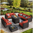 thumbnail image 1 of TANGJEAMER 10 Piece Patio Furniture Set with Fire Pit Table, All Weather Outdoor Sectional PE Rattan, Patio Conversation Sets with Cushions and Glass Coffee Table for Garden Lawn Balcony, Red, 1 of 8