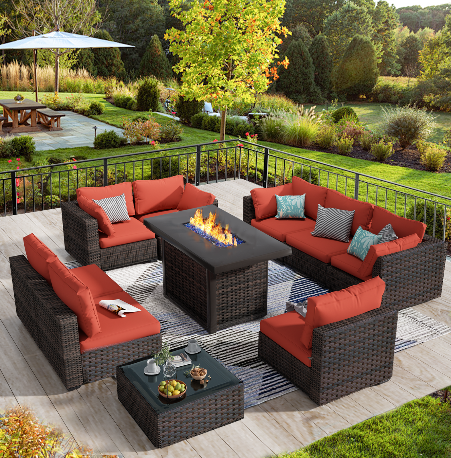 TANGJEAMER 10 Piece Patio Furniture Set with Fire Pit Table, All Weather Outdoor Sectional PE Rattan, Patio Conversation Sets with Cushions and Glass Coffee Table for Garden Lawn Balcony, Red