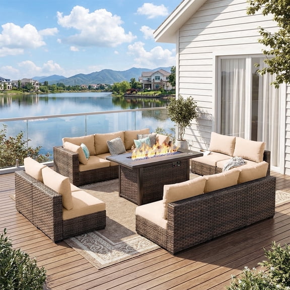 TANGJEAMER 11 Piece Patio Furniture Set with Fire Pit Table, All Weather Outdoor Sectional PE Rattan, Patio Conversation Sets with Cushions for Garden Lawn Balcony(Beige)