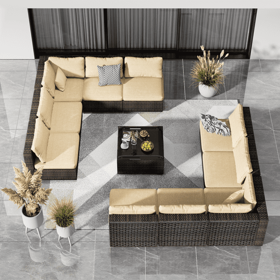 TANGJEAMER 11 Piece Patio Furniture Set, All Weather Outdoor Sectional PE Rattan, Patio Conversation Sets with Cushions and Glass Coffee Table for Garden Lawn Balcony