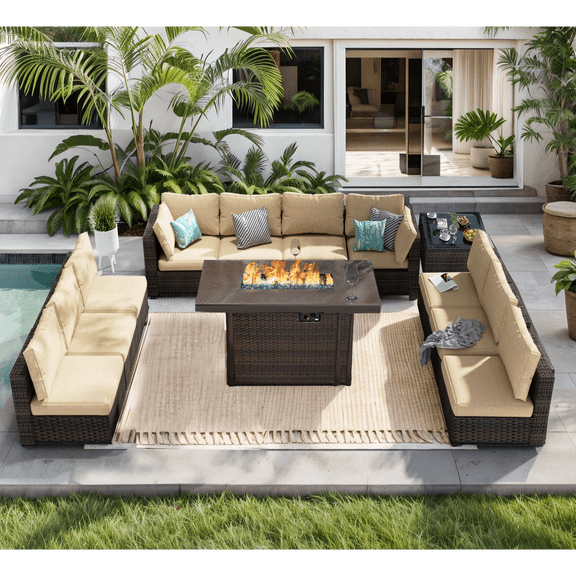 TANGJEAMER 12 Piece Patio Furniture Set with Fire Pit Table, All Weather Outdoor Sectional PE Rattan, Patio Conversation Sets with Cushions and Glass Coffee Table for Garden Lawn Balcony, Beige