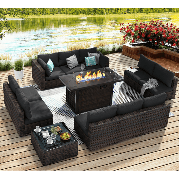 TANGJEAMER 12 Piece Patio Furniture Set with Fire Pit Table, All Weather Outdoor Sectional PE Rattan, Patio Conversation Sets with Cushions and Glass Coffee Table for Garden Lawn Balcony