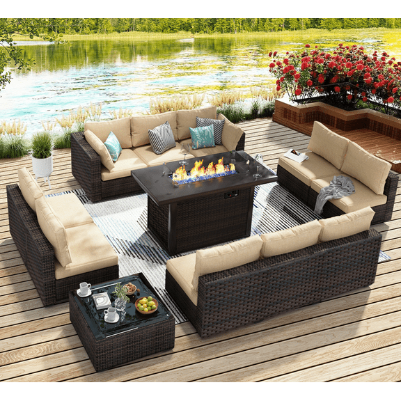 TANGJEAMER 12 Piece Patio Furniture Set with Fire Pit Table, All Weather Outdoor Sectional PE Rattan, Patio Conversation Sets with Cushions and Glass Coffee Table for Garden Lawn Balcony