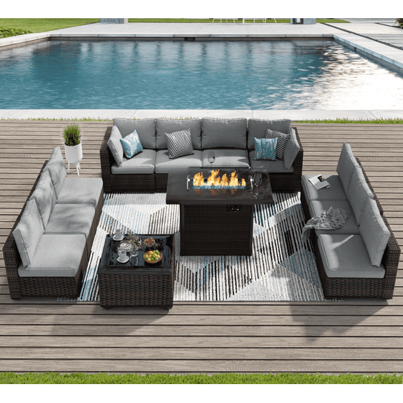 TANGJEAMER 12 Piece Patio Furniture Set with Fire Pit Table, All Weather Outdoor Sectional PE Rattan, Patio Conversation Sets with Cushions and Glass Coffee Table for Garden Lawn Balcony, Grey