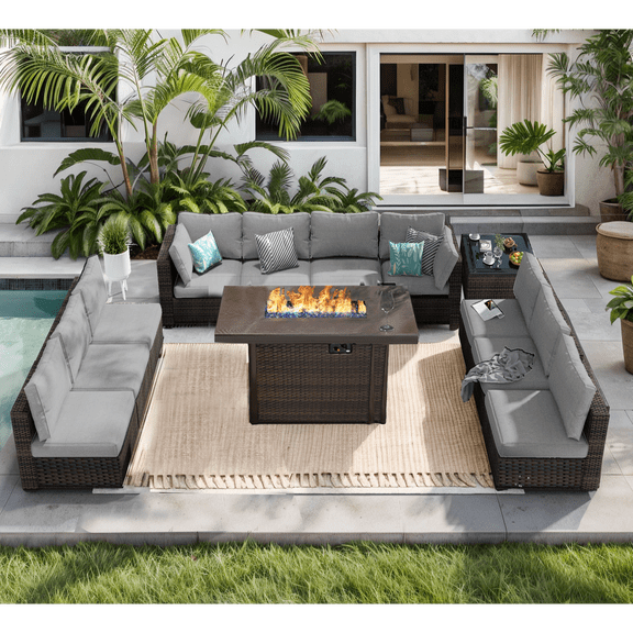 TANGJEAMER 12 Piece Patio Furniture Set with Fire Pit Table, All Weather Outdoor Sectional PE Rattan, Patio Conversation Sets with Cushions and Glass Coffee Table for Garden Lawn Balcony, Grey