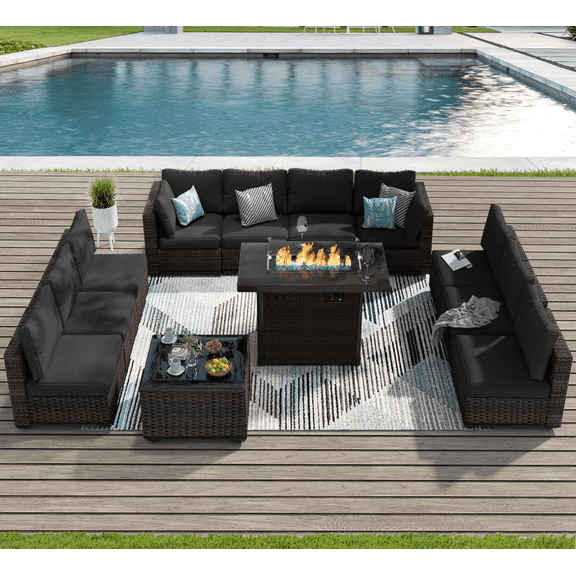 TANGJEAMER 12 Piece Patio Furniture Set with Fire Pit Table, All Weather Outdoor Sectional PE Rattan, Patio Conversation Sets with Cushions and Glass Coffee Table for Garden Lawn Balcony, Black