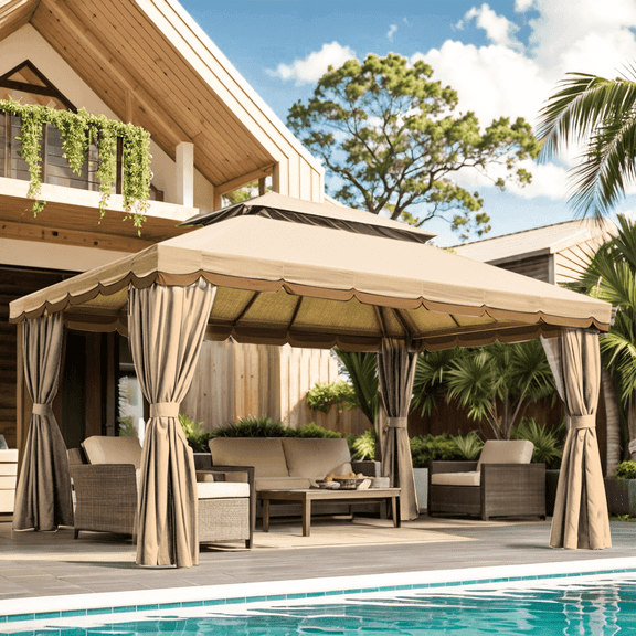 TANGJEAMER 13×10 FT Deluxe No Screws\ Gazebo,Double Roof Outdoor Shelter Tent with Mosquito Nettings and Privacy Screens