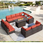 TANGJEAMER 13 Piece Patio Furniture Set with Fire Pit Table, All Weather Outdoor Sectional PE Rattan, Patio Conversation Sets with Cushions and Glass Coffee Table for Garden Lawn Balcony, Red
