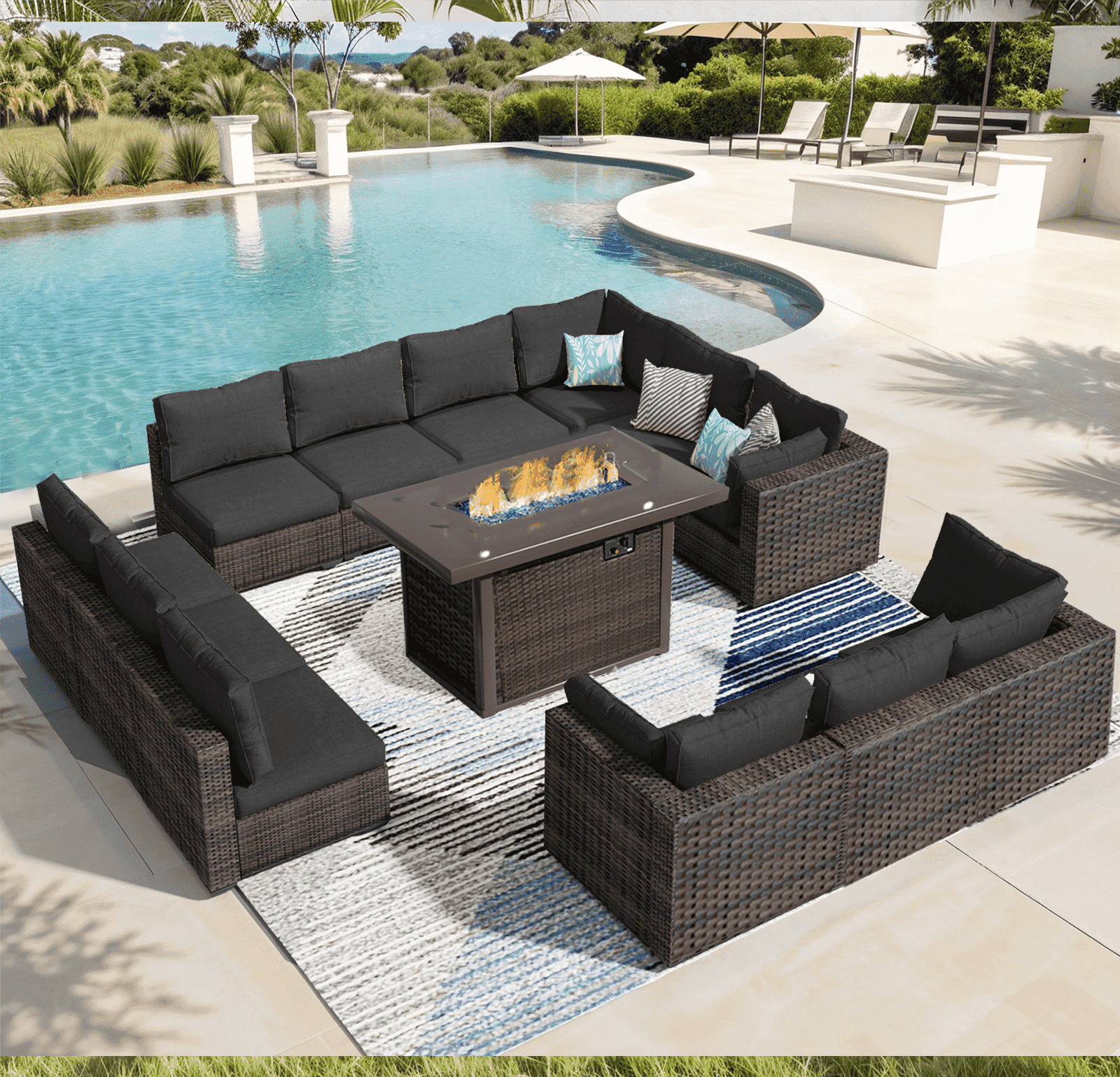 TANGJEAMER 13-Piece Fire Pit Patio Furniture Set, All-Weather Outdoor ...