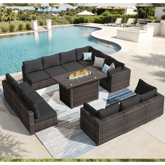 TANGJEAMER 13 Piece Patio Furniture Set with Fire Pit Table, All Weather Outdoor Sectional PE Rattan, Patio Conversation Sets with Cushions and Glass Coffee Table for Garden Lawn Balcony, Black
