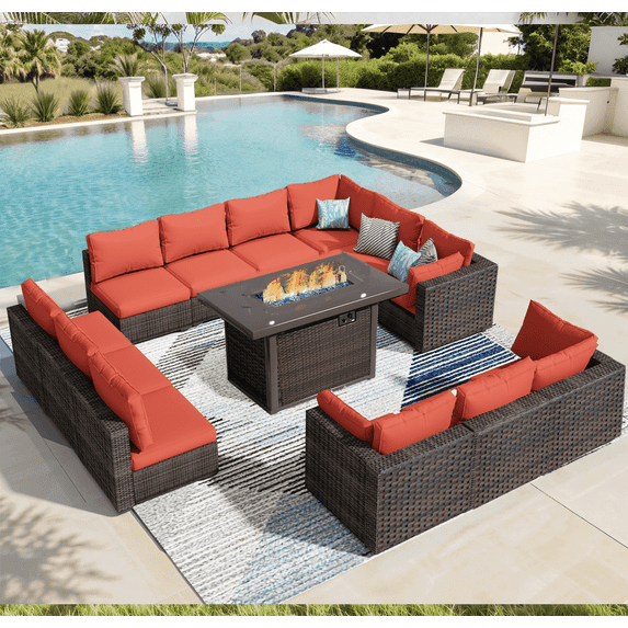TANGJEAMER 13 Piece Patio Furniture Set with Fire Pit Table, All Weather Outdoor Sectional PE Rattan, Patio Conversation Sets with Cushions and Glass Coffee Table for Garden Lawn Balcony, Red