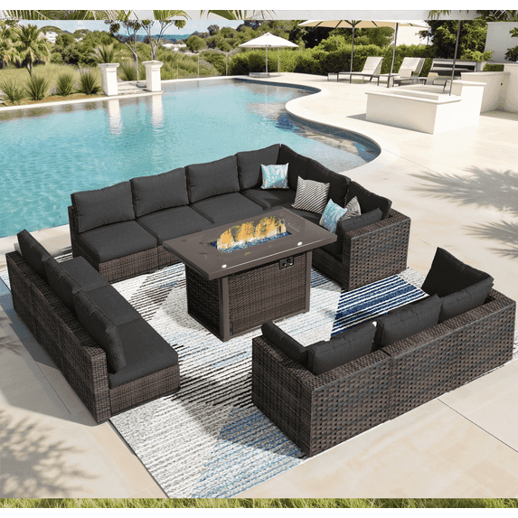 TANGJEAMER 13 Piece Patio Furniture Set with Fire Pit Table, All Weather Outdoor Sectional PE Rattan, Patio Conversation Sets with Cushions and Glass Coffee Table for Garden Lawn Balcony, Black
