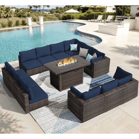 TANGJEAMER 13 Piece Patio Furniture Set with Fire Pit Table, All Weather Outdoor Sectional PE Rattan, Patio Conversation Sets with Cushions and Glass Coffee Table for Garden Lawn Balcony, Blue