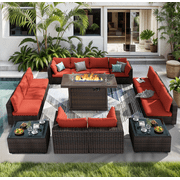 TANGJEAMER 15 Piece Patio Furniture Set with Fire Pit Table, All Weather Outdoor Sectional PE Rattan, Patio Conversation Sets with Cushions and Glass Coffee Table for Garden Lawn Balcony, Red