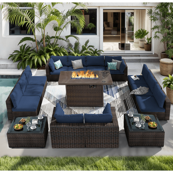 TANGJEAMER 15 Piece Patio Furniture Set with Fire Pit Table, All Weather Outdoor Sectional PE Rattan, Patio Conversation Sets with Cushions and Glass Coffee Table for Garden Lawn Balcony, Blue