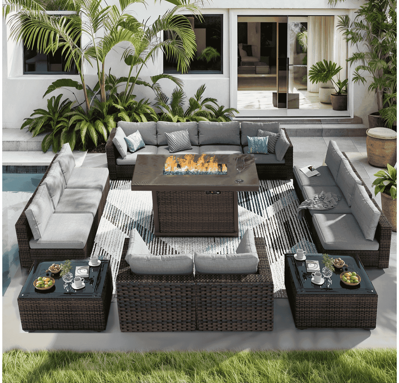 TANGJEAMER 15 Piece Patio Furniture Set with Fire Pit Table, All Weather Outdoor Sectional PE Rattan, Patio Conversation Sets with Cushions and Glass Coffee Table for Garden Lawn Balcony, Grey