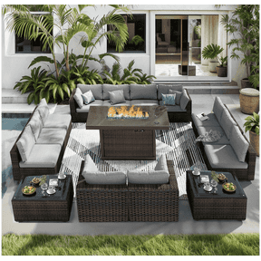 TANGJEAMER 15 Piece Patio Furniture Set with Fire Pit Table, All Weather Outdoor Sectional PE Rattan, Patio Conversation Sets with Cushions and Glass Coffee Table for Garden Lawn Balcony, Grey