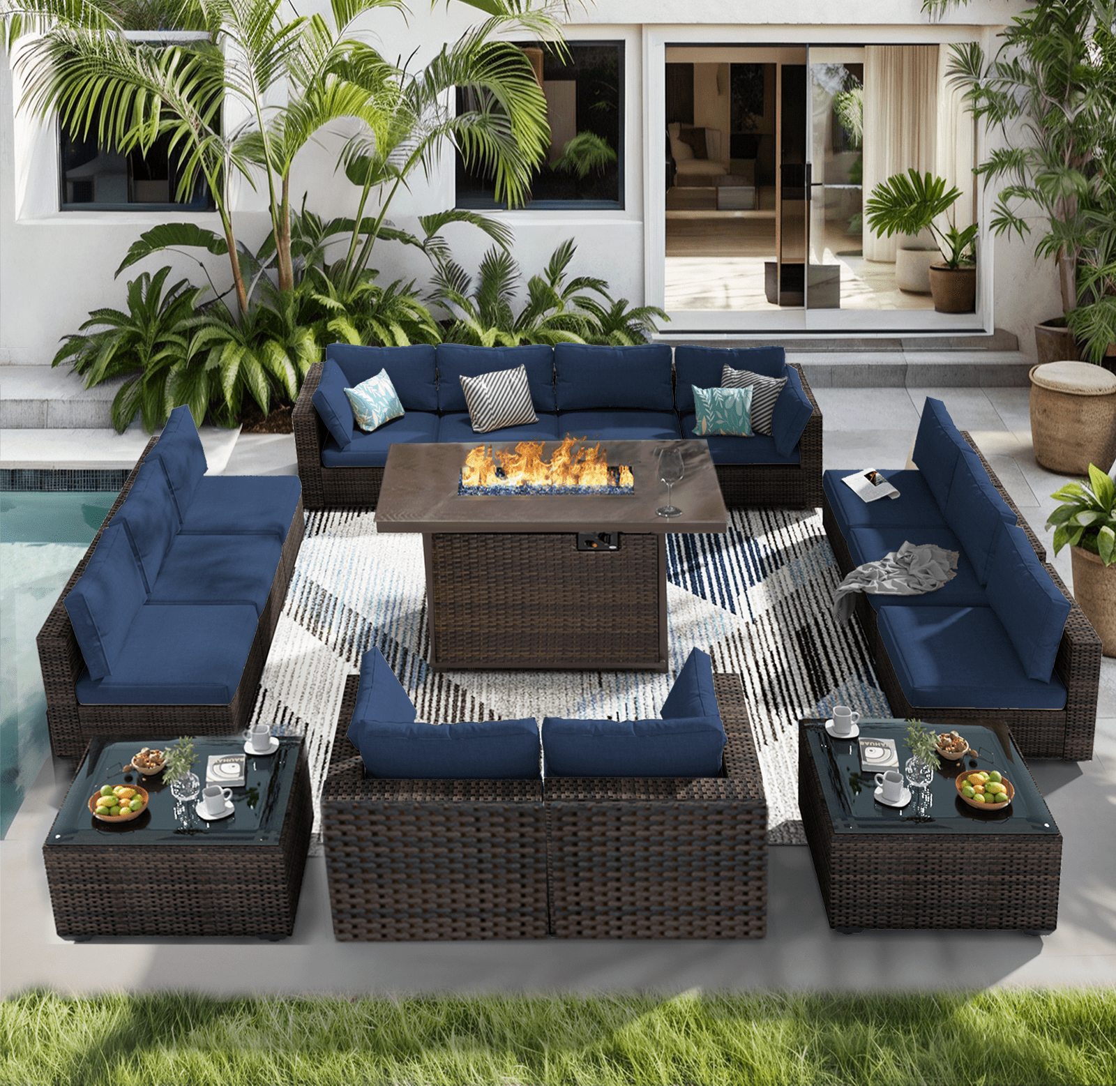 TANGJEAMER 15 Piece Patio Furniture Set with Fire Pit Table, All Weather Outdoor Sectional PE Rattan, Patio Conversation Sets with Cushions and Glass Coffee Table for Garden Lawn Balcony, Blue
