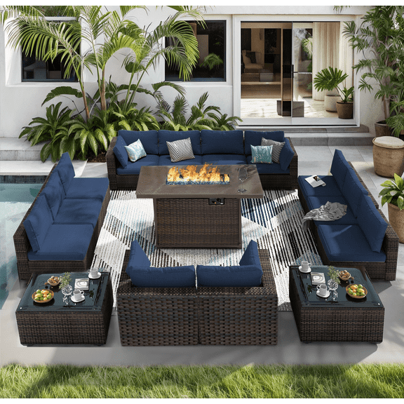 TANGJEAMER 15 Piece Patio Furniture Set with Fire Pit Table, All Weather Outdoor Sectional PE Rattan, Patio Conversation Sets with Cushions and Glass Coffee Table for Garden Lawn Balcony, Blue