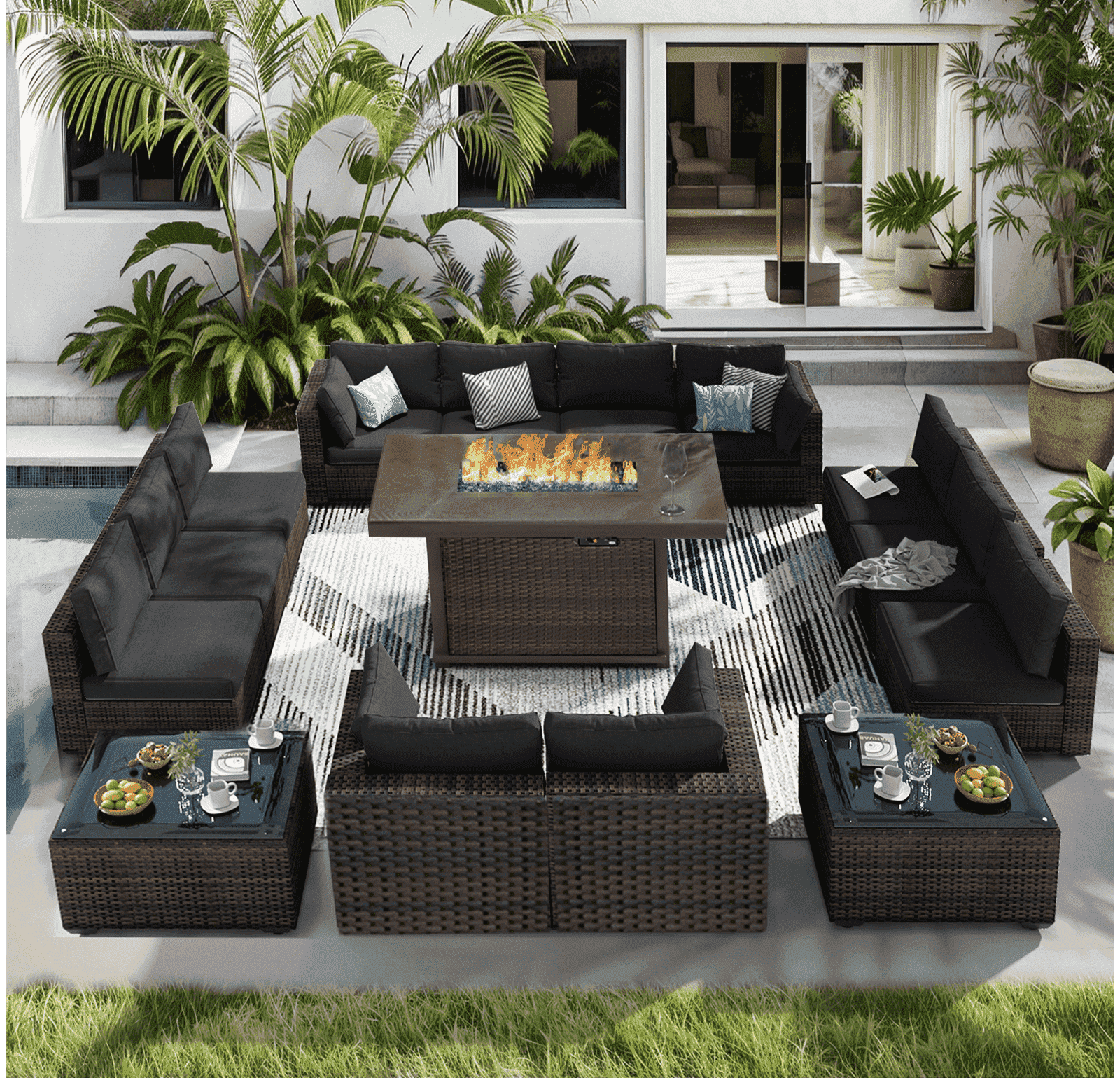 TANGJEAMER 15 Piece Patio Furniture Set with Fire Pit Table, All Weather Outdoor Sectional PE Rattan, Patio Conversation Sets with Cushions and Glass Coffee Table for Garden Lawn Balcony, Black