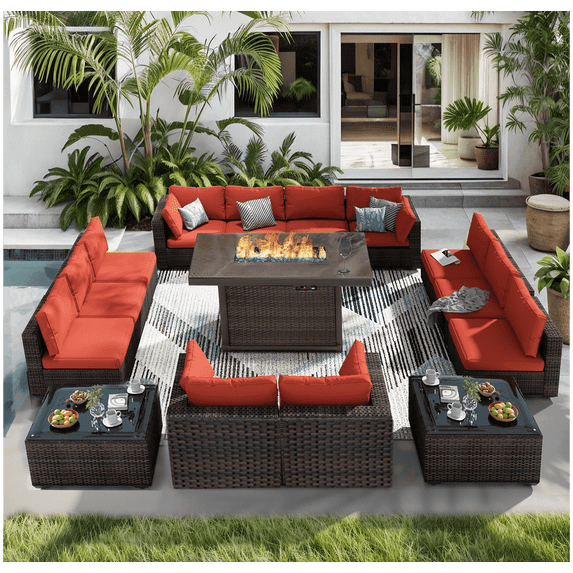 TANGJEAMER 15 piece red PE rattan patio furniture set with fire pit table and glass coffee table
