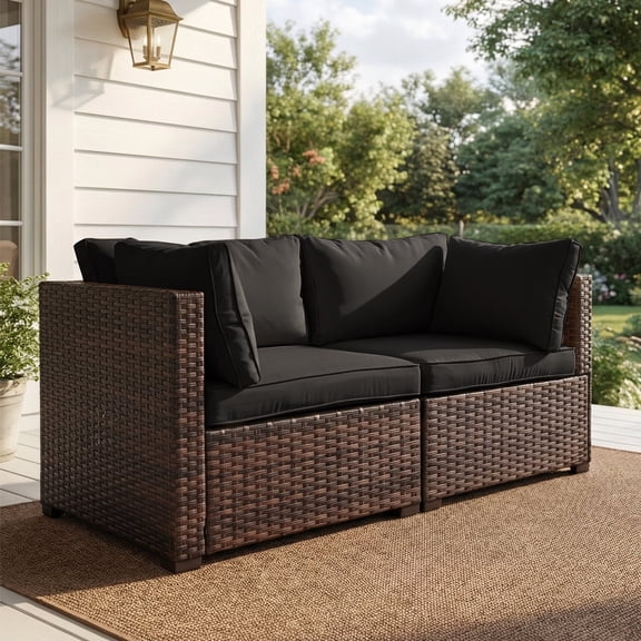 TANGJEAMER 2 Pieces All-Weather PE Rattan Sectional Sofa with Cushions  for Party and Family Gathering(Black)