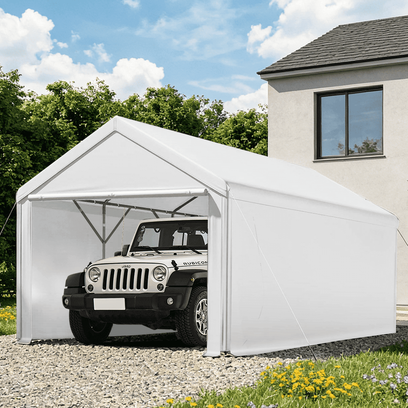TANGJEAMER 20x10 ft Heavy Duty Carport with Roll-up Door – Fully Enclosed Side Walls, 180G PE Portable Garage, Weatherproof Shelter for Cars, Trucks & Storage (White)