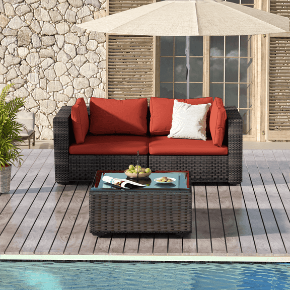 TANGJEAMER 3 Piece Patio Furniture Set, All Weather Outdoor Sectional PE Rattan, Patio Conversation Sets with Cushions and Glass Coffee Table for Garden Lawn Balcony Porch Deck, Red